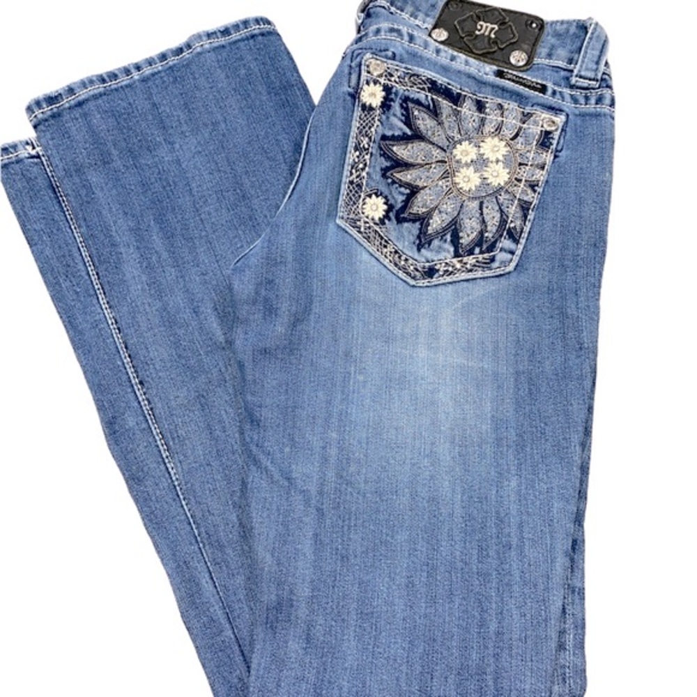 Miss Me Boot Cut Jeans with Floral Silver Accents